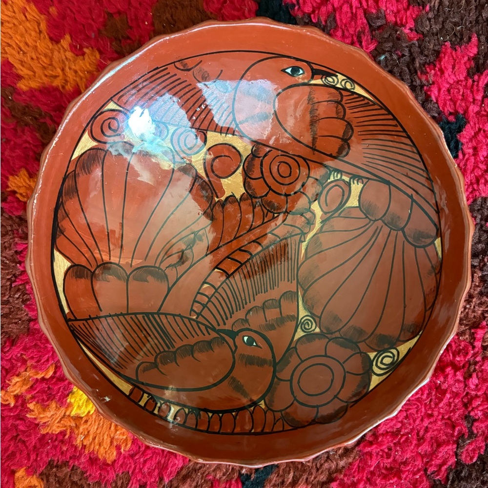 Brown Ceramic Art Bowl with Floral Motifs Mexican Terracotta
